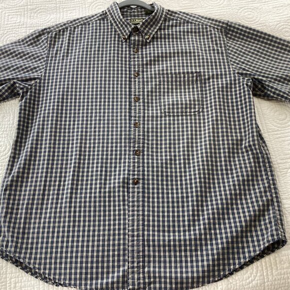 L.L. Bean Mens XL-Reg Blue & White Plaid Button-Down Shirt 100% Cotton - Picture 1 of 11